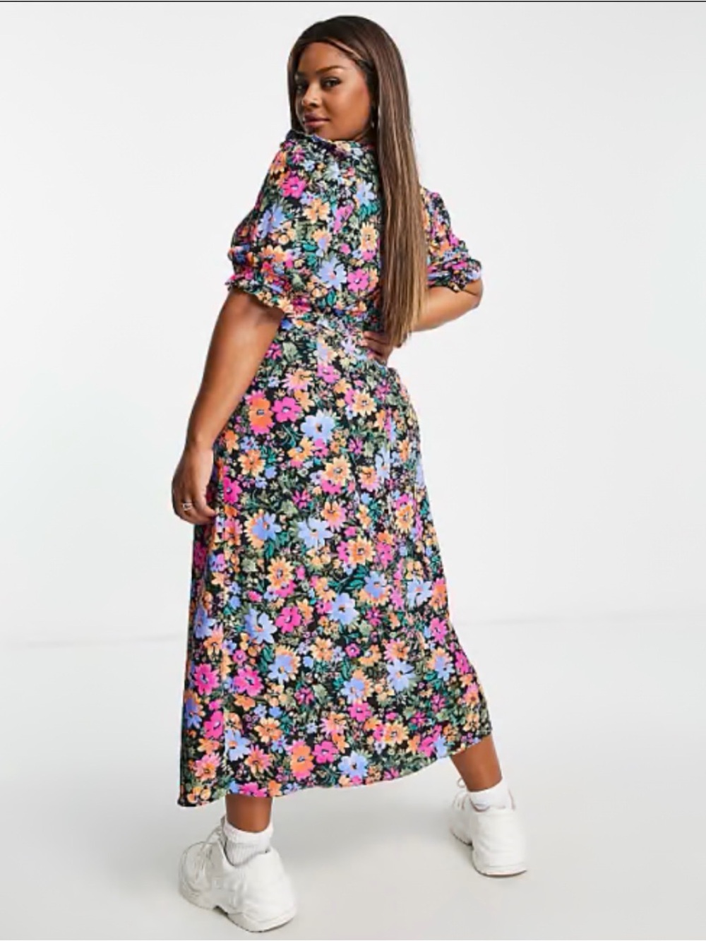 Nobody’s Child Plus Felicia Bold Floral Print Midi Dress Black Puff Sleeve US 16 - Picture 8 of 11